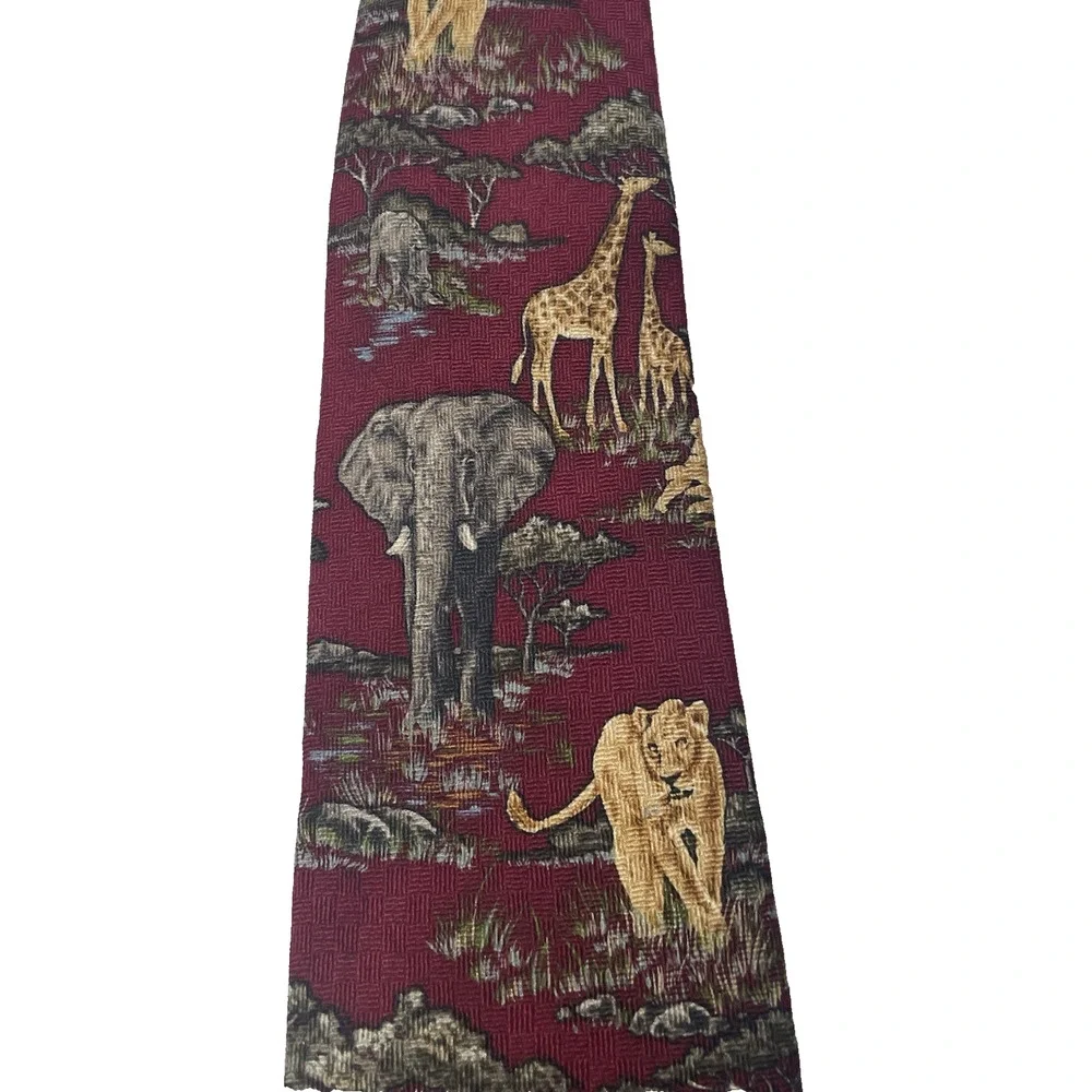 WWF World Wildlife Fund Safari Animal Tie Lions Elephant Giraffe Burgundy Silk
